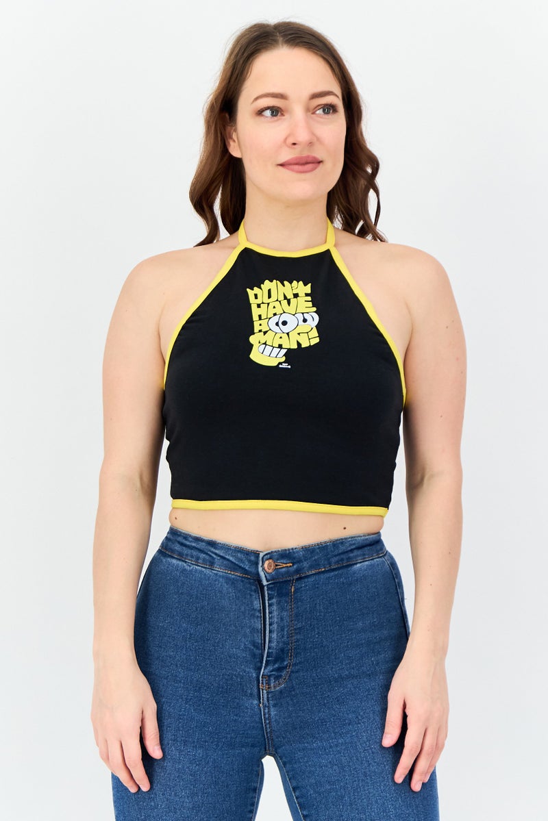 The Simpsons Women Tie Neck Sleeveless Graphic Print Crop Top, Black - Image 1